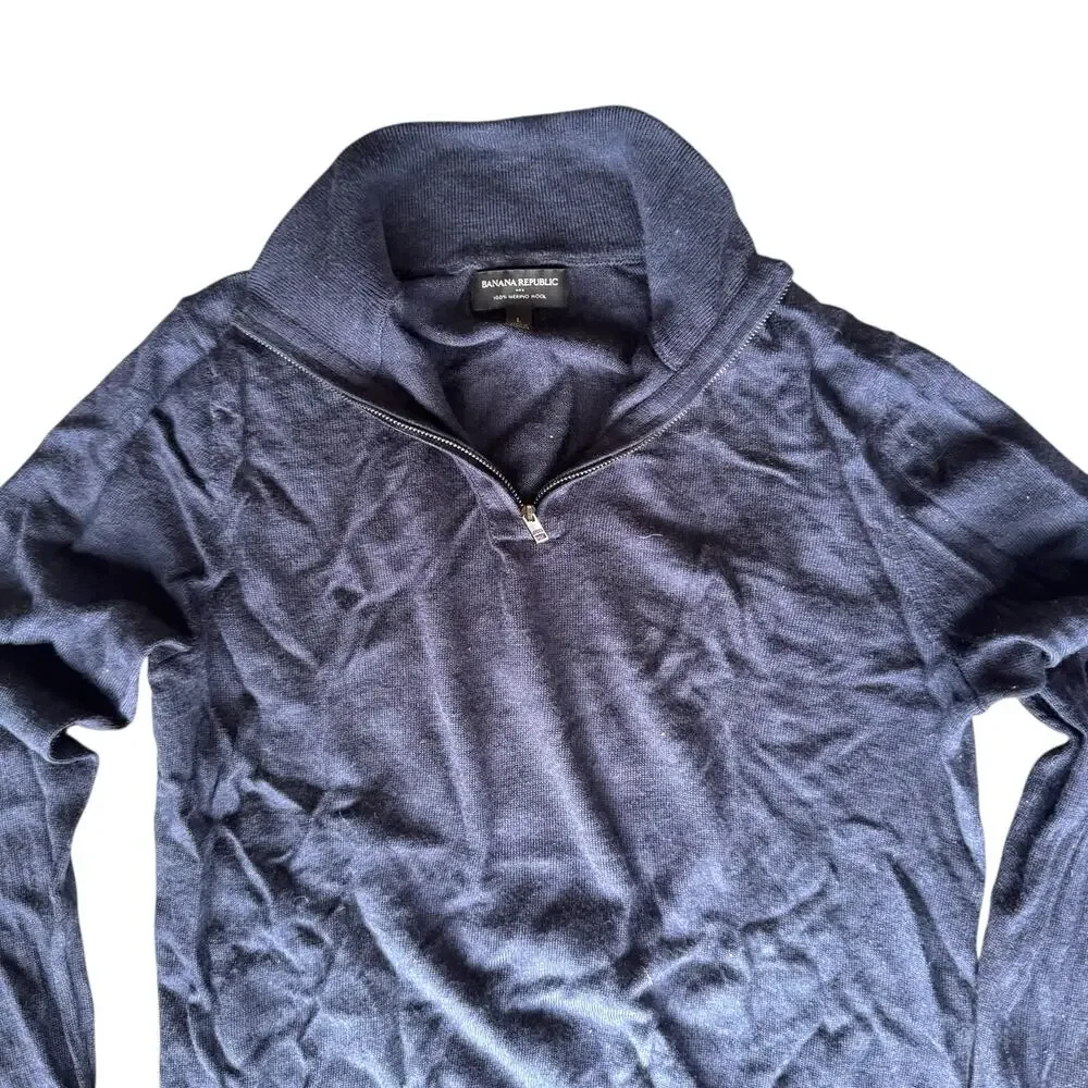 Banana Republic Factory Men's Navy Merino Wool‎ Blend Half Zip Sweater - Large